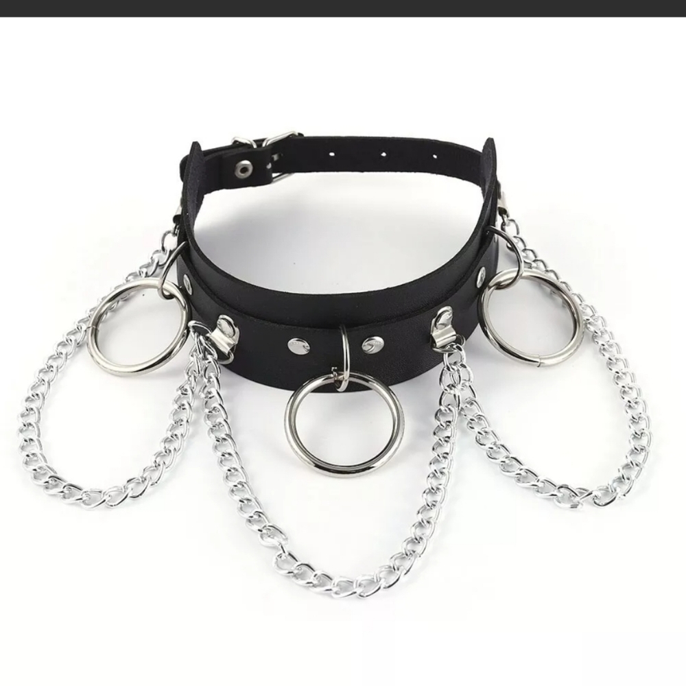 Black faux leather chain choker necklace